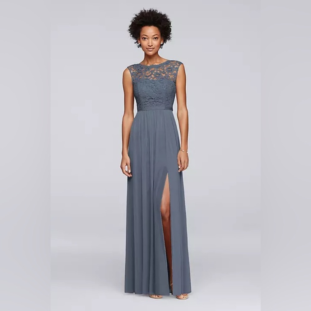 David’s Bridal lace bridesmaid dress with long mesh skirt in Steel Blue 12